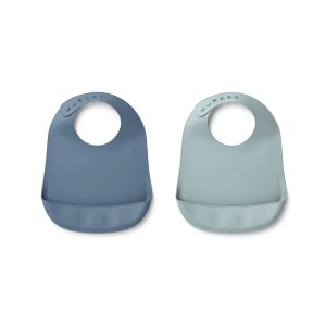 LIEWOOD, Silikonowy Śliniaczek z Kieszonką 2pack Blue wave/sea blue mix