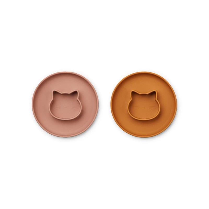 LIEWOOD, talerzyki silikonowe Gordon plate 2-pack - Cat dark rose/mustard mix