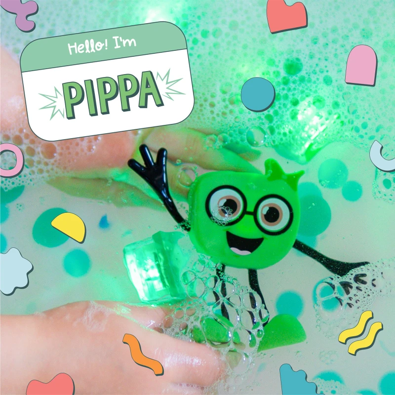 Glo Pals, Postać do kąpieli Pippa - zestaw z dwiema kostkami sensorycznymi świecącymi w wodzie