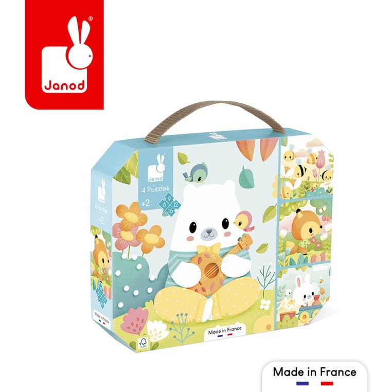 Janod Puzzle progresywne w walizce Zwierzątka Pure 4 układanki – 6, 9, 12 i 16 elementów 2+