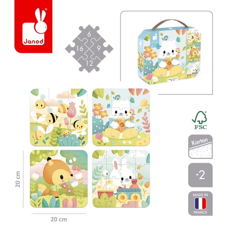 Janod Puzzle progresywne w walizce Zwierzątka Pure 4 układanki – 6, 9, 12 i 16 elementów 2+