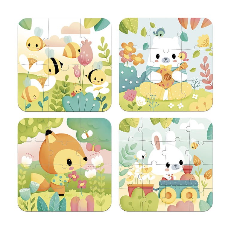 Janod Puzzle progresywne w walizce Zwierzątka Pure 4 układanki – 6, 9, 12 i 16 elementów 2+