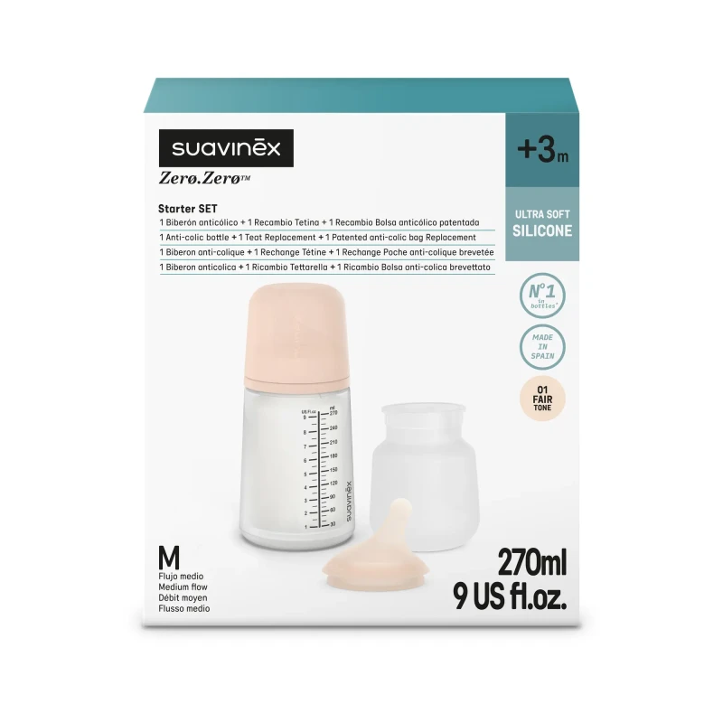 Suavinex Zestaw Startowy ZERO ZERO, butelka 270ml smoczek i woreczek - średni przepływ