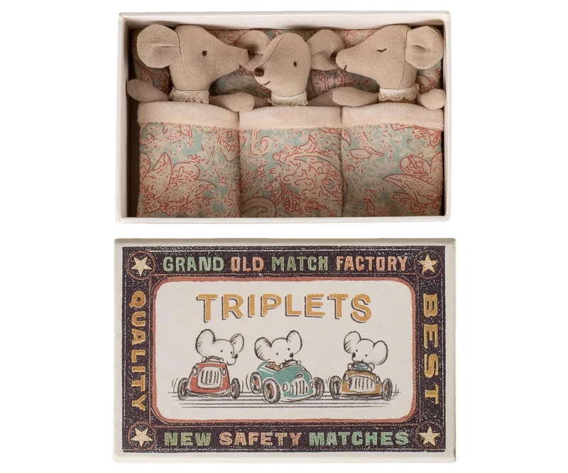 Maileg myszki trojaczki w pudełku, Triplets in matchbox