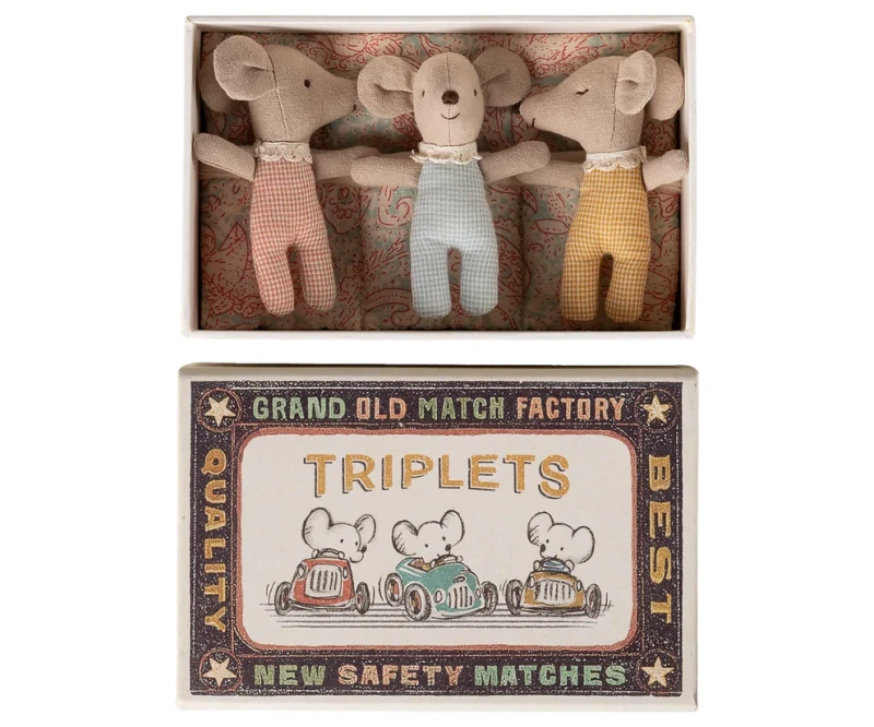 Maileg myszki trojaczki w pudełku, Triplets in matchbox
